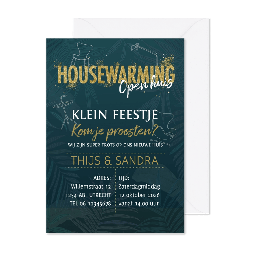 Uitnodiging housewarming met glitterlook - Kaartimpressie