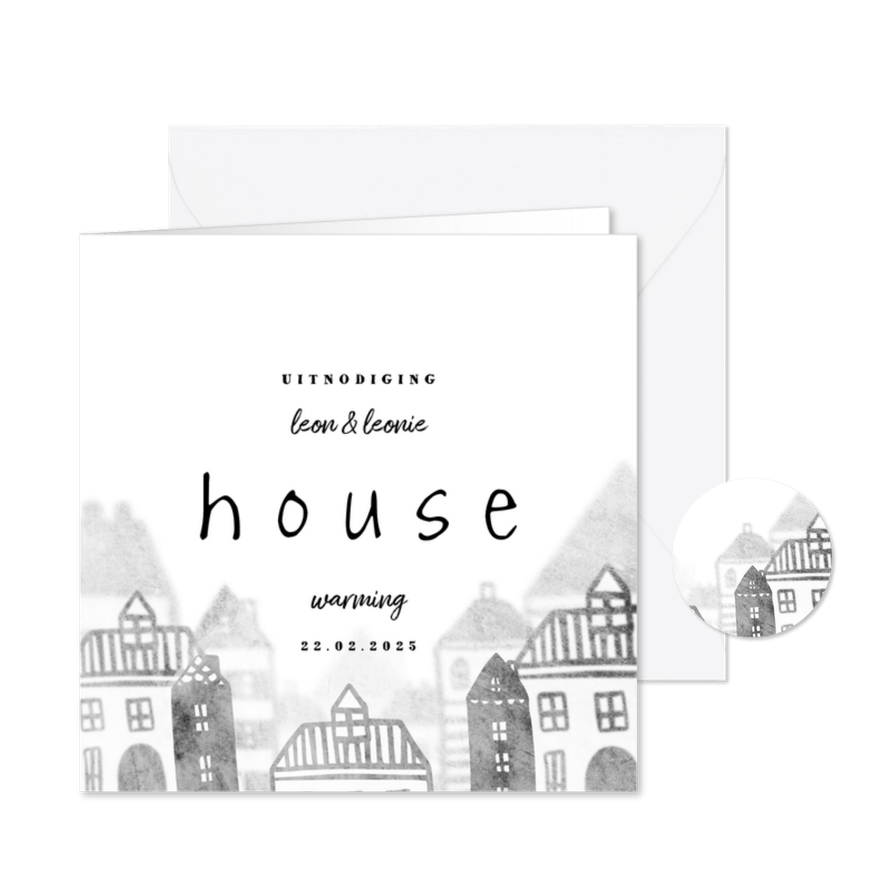 Uitnodiging housewarming met huisjes diepte - Kaartimpressie
