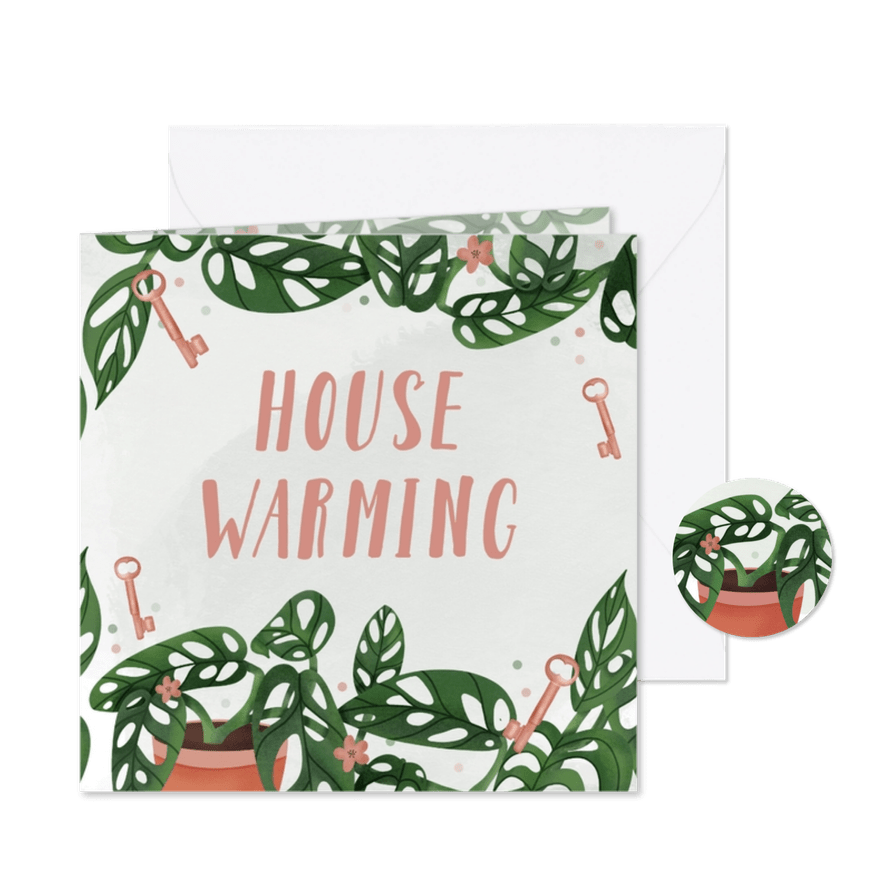 Uitnodiging housewarming met Monstera en sleutels - Kaartimpressie