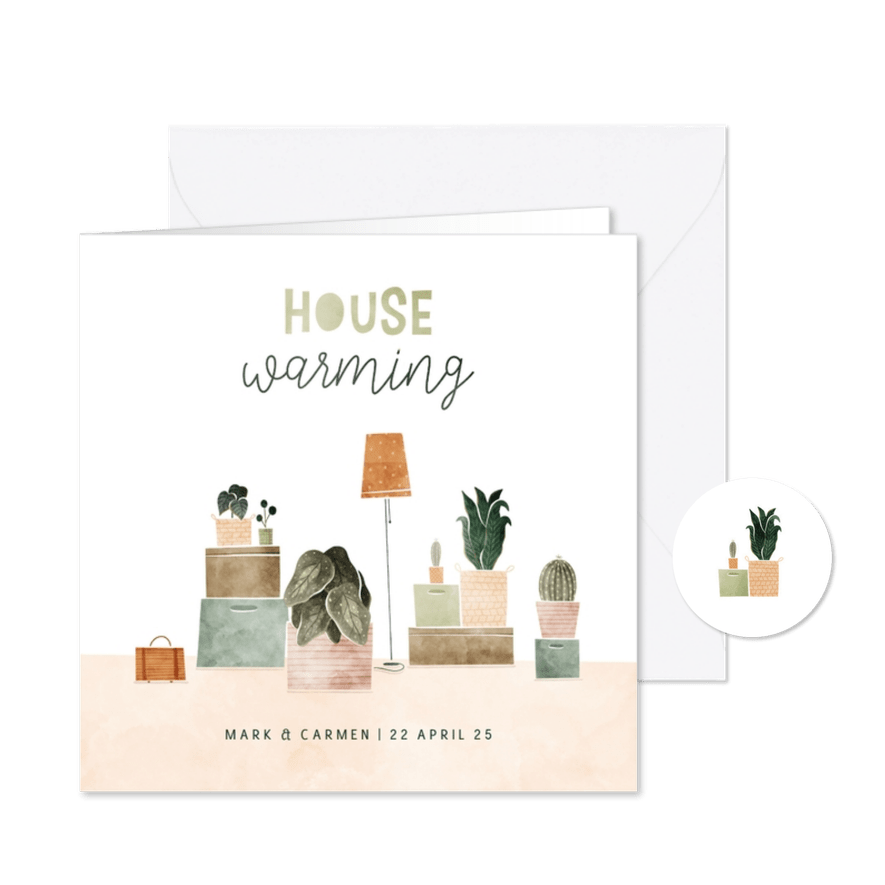 Uitnodiging housewarming met plantjes en verhuisdozen - Kaartimpressie