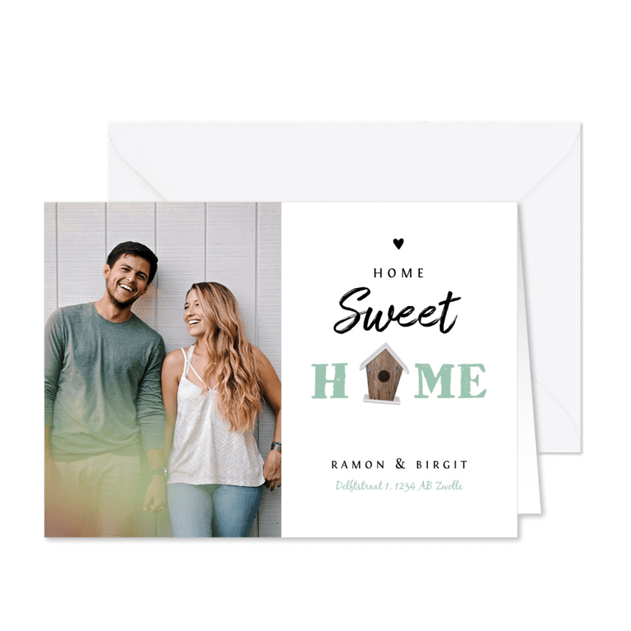 Uitnodiging housewarming met vogelhuisje en eigen foto - Kaartimpressie