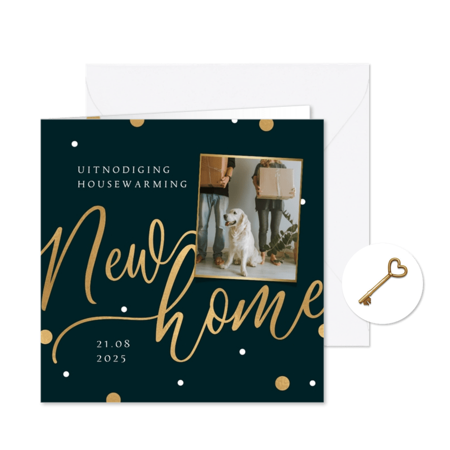 Uitnodiging housewarming new home goud confetti foto - Kaartimpressie