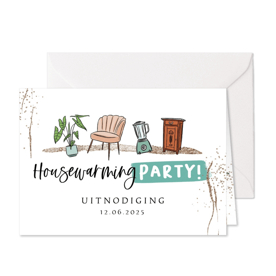 Uitnodiging 'Housewarming Party!' meubels plant glitter - Kaartimpressie