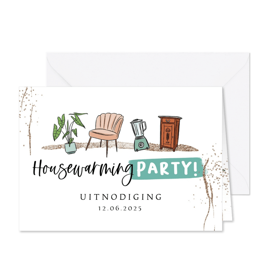 Uitnodiging 'Housewarming Party!' meubels plant glitter - Kaartimpressie