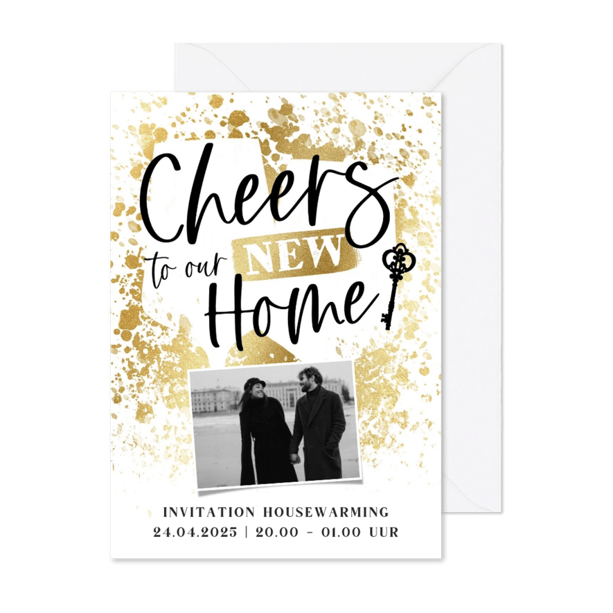 Uitnodiging housewarming wijnglazen confetti goud sleutel - Kaartimpressie