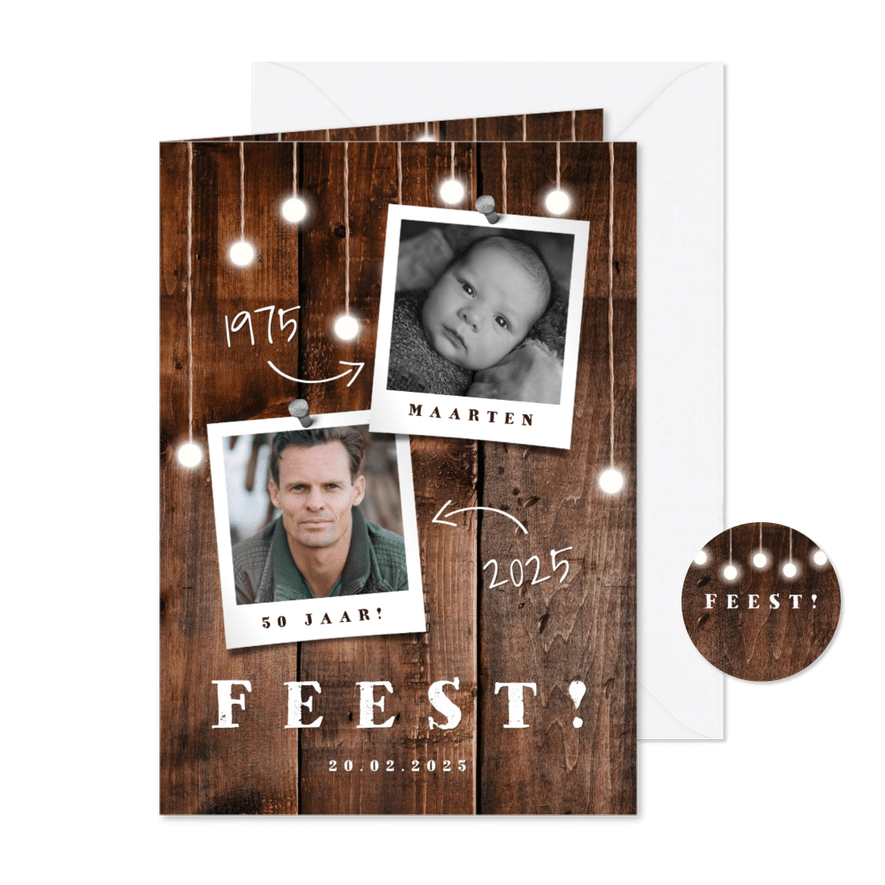 Uitnodiging hout met hangende lampjes en foto's - Kaartimpressie