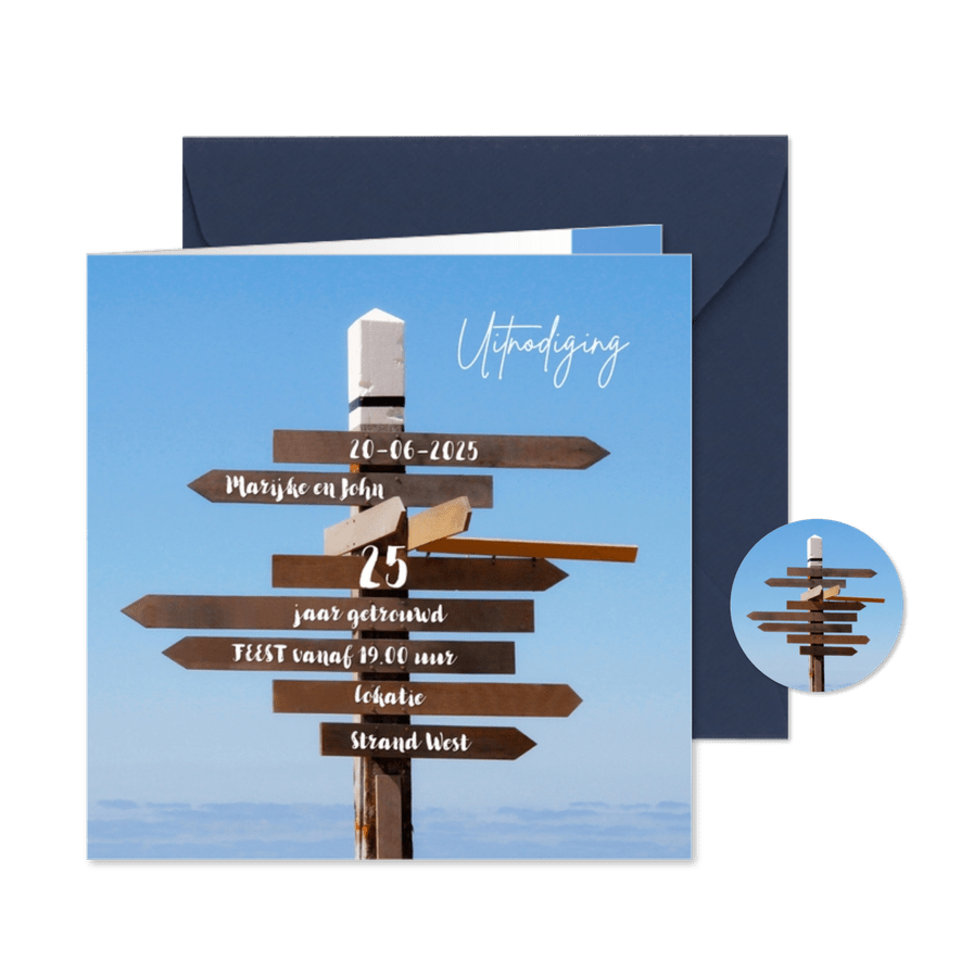 Uitnodiging Houten Wegwijzer blauwe lucht - Kaartimpressie