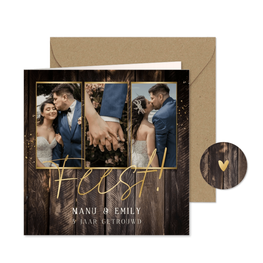 Uitnodiging houtlook fotocollage goud feestje 5 jaar - Kaartimpressie
