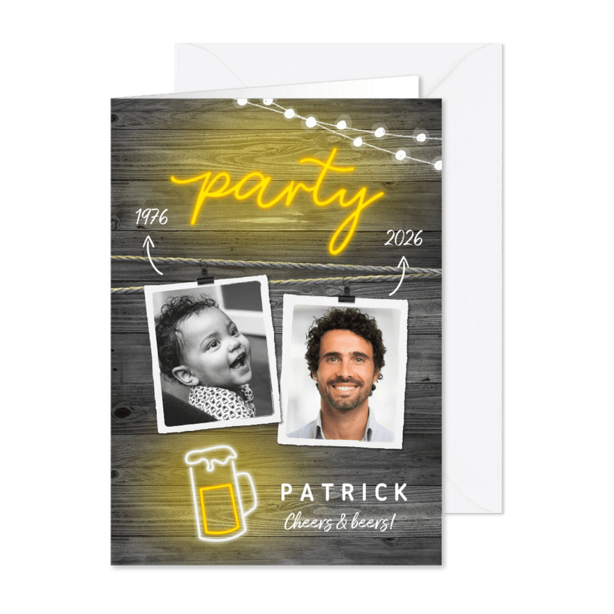 Uitnodiging houtlook man neon hip met foto's en slingers - Kaartimpressie