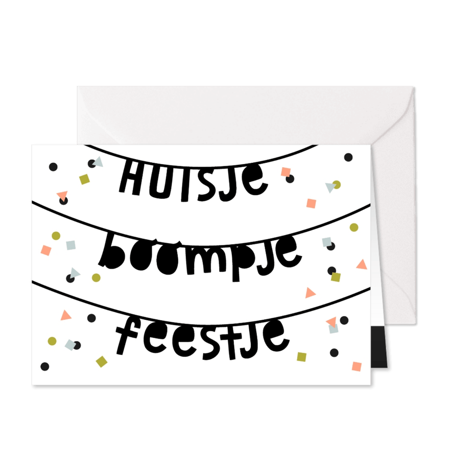 Uitnodiging huisje boompje feestje confetti - Kaartimpressie