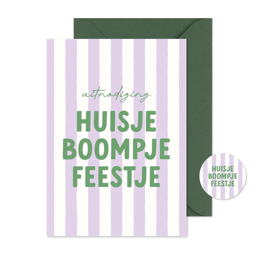Uitnodiging huisje boompje feestje paars gestreept groen - Kaartimpressie
