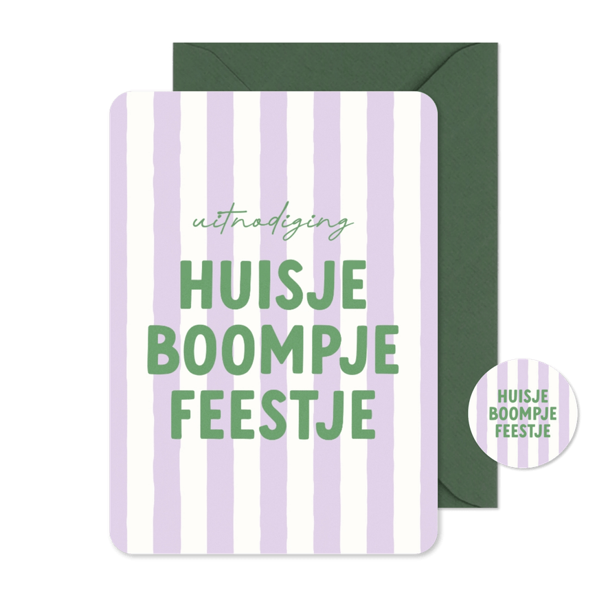 Uitnodiging huisje boompje feestje paars gestreept groen - Kaartimpressie