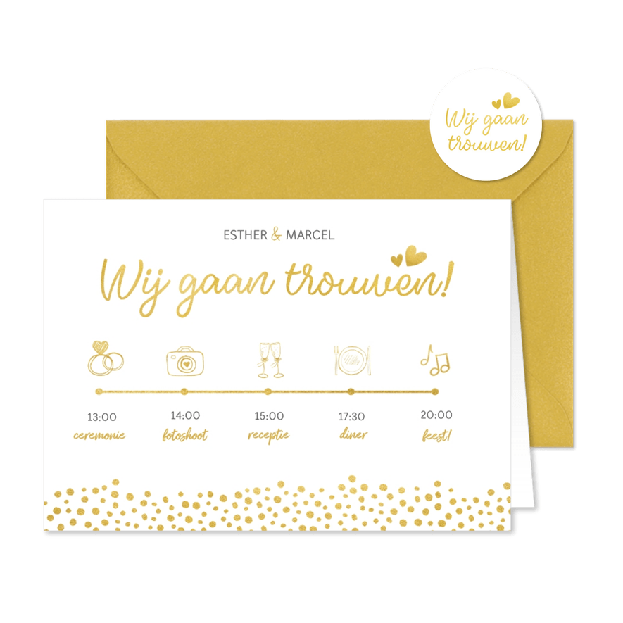Uitnodiging huwelijk met een dagindeling tijdlijn goudlook - Kaartimpressie