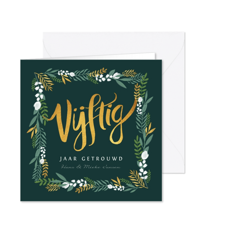 Uitnodiging huwelijksjubileum 50 jaar goudlook met bloemen - Kaartimpressie