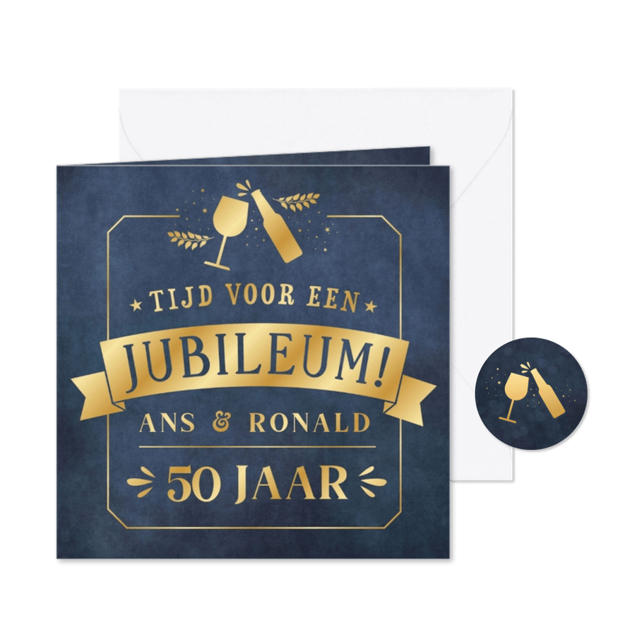 Uitnodiging huwelijksjubileum goudfolie met bier en wijn - Kaartimpressie