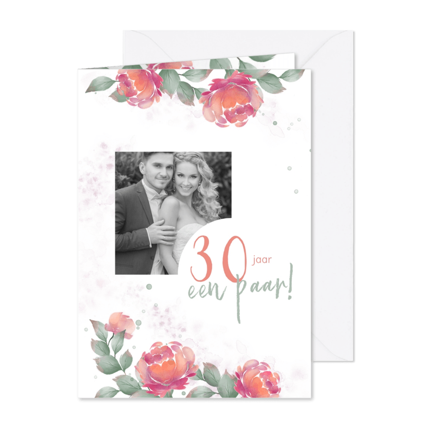 Uitnodiging huwelijksjubileum rozen waterverf - staand - Kaartimpressie