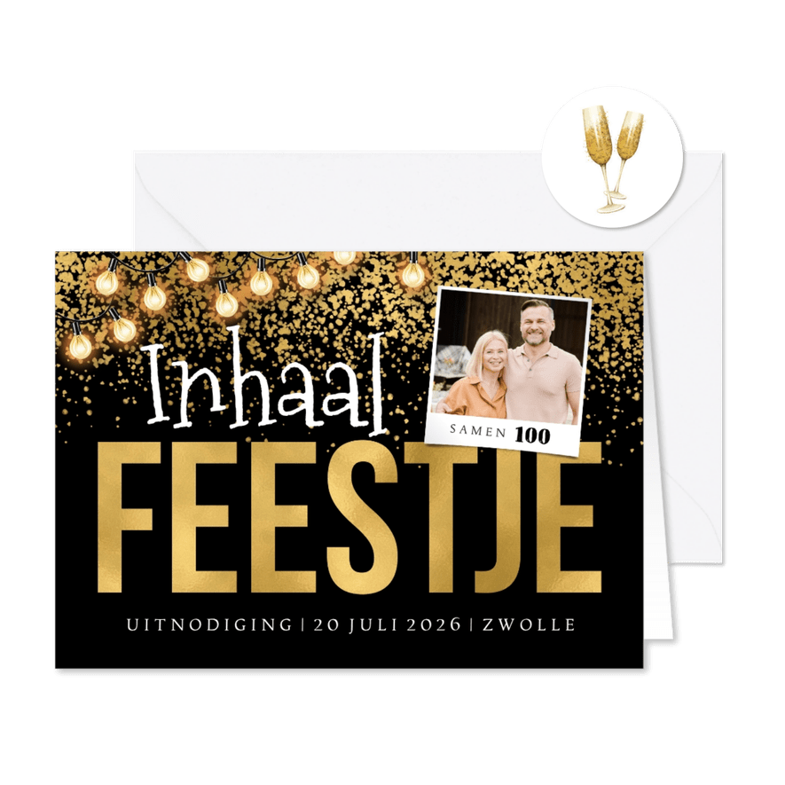 Uitnodiging inhaalfeestje goud confetti lampjes foto - Kaartimpressie