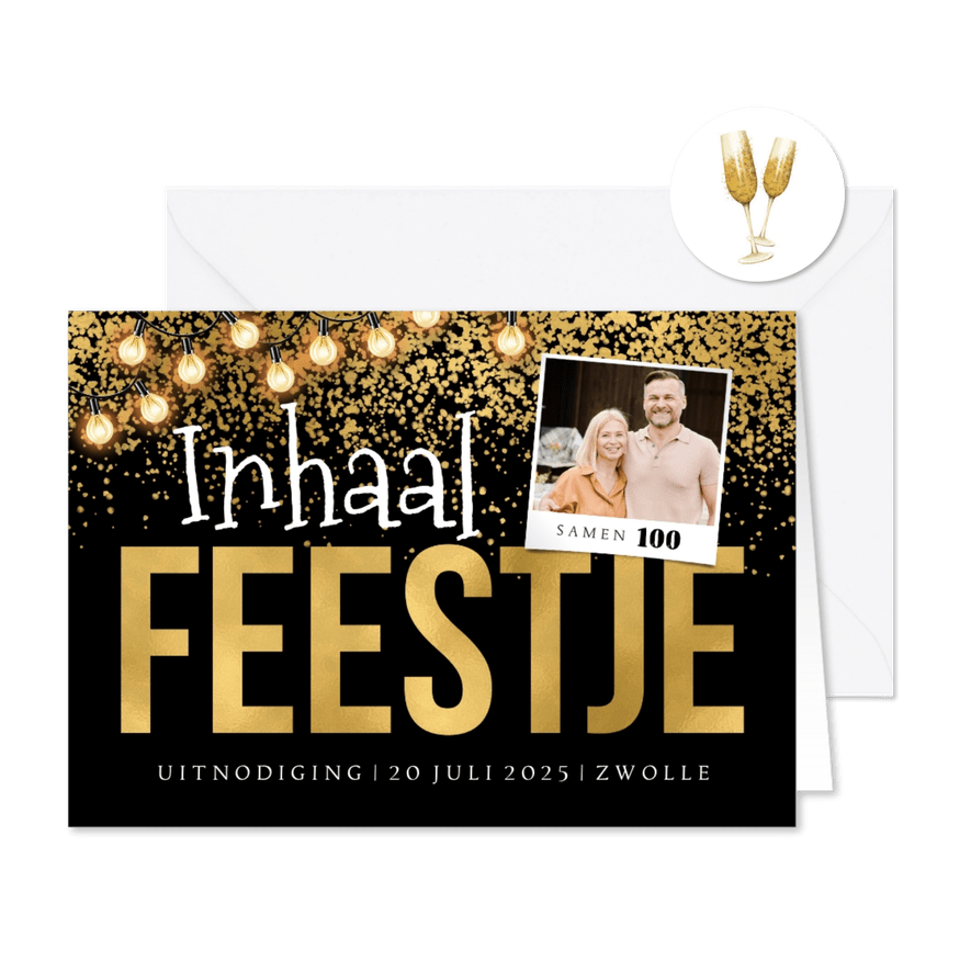Uitnodiging inhaalfeestje goud confetti lampjes foto - Kaartimpressie