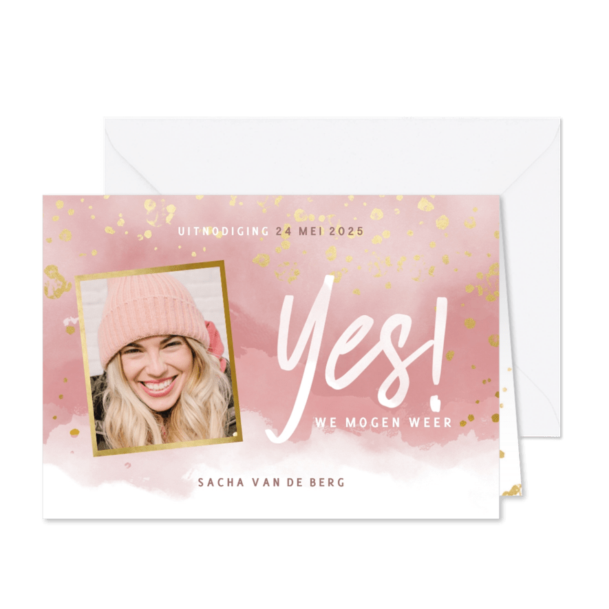 Uitnodiging inhaalfeestje roze waterverf en gouden spetters - Kaartimpressie