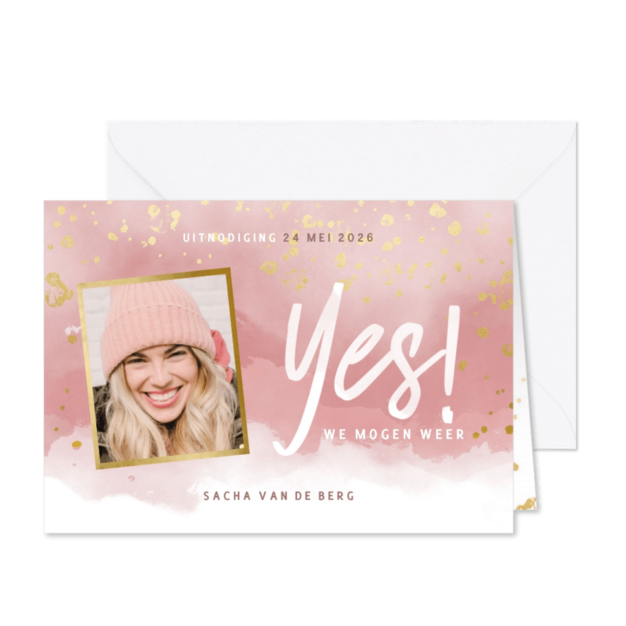 Uitnodiging inhaalfeestje roze waterverf en gouden spetters - Kaartimpressie