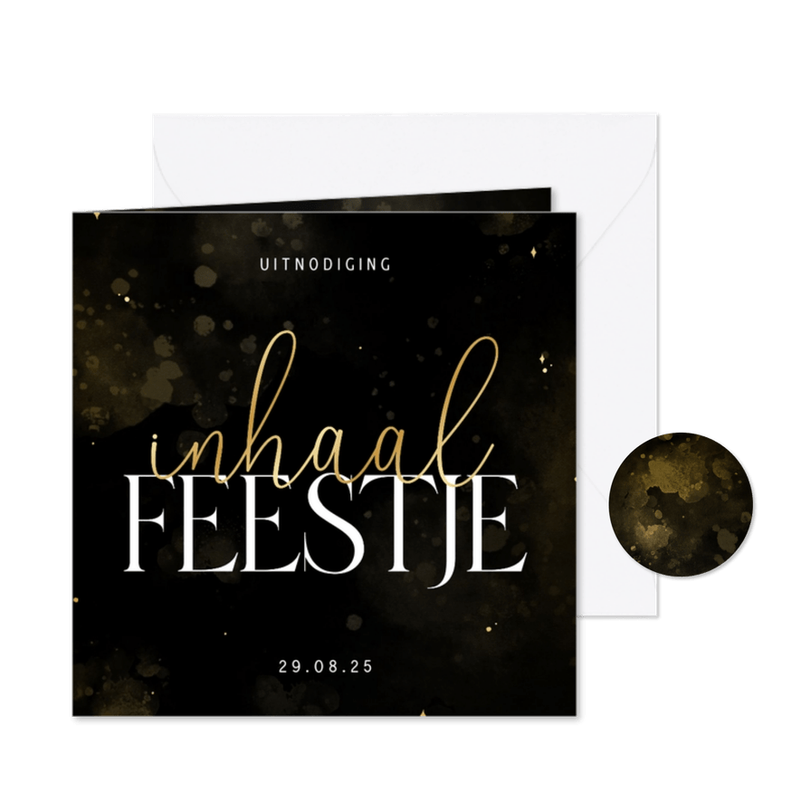 Uitnodiging inhaalfeestje zwart met goud - Kaartimpressie