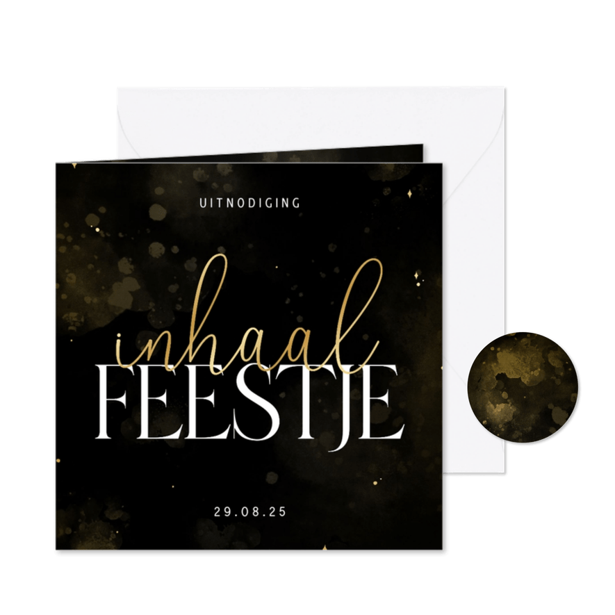 Uitnodiging inhaalfeestje zwart met goud - Kaartimpressie