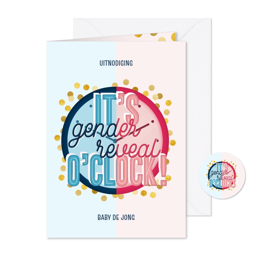 Uitnodiging 'it's genderreveal o'clock!' met confetti goud - Kaartimpressie