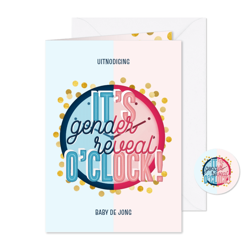 Uitnodiging 'it's genderreveal o'clock!' met confetti goud - Kaartimpressie