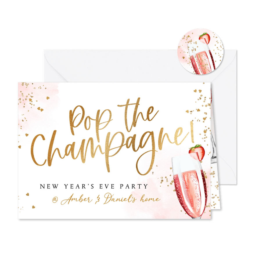 Uitnodiging jaarwisseling pink champagne goud - Kaartimpressie