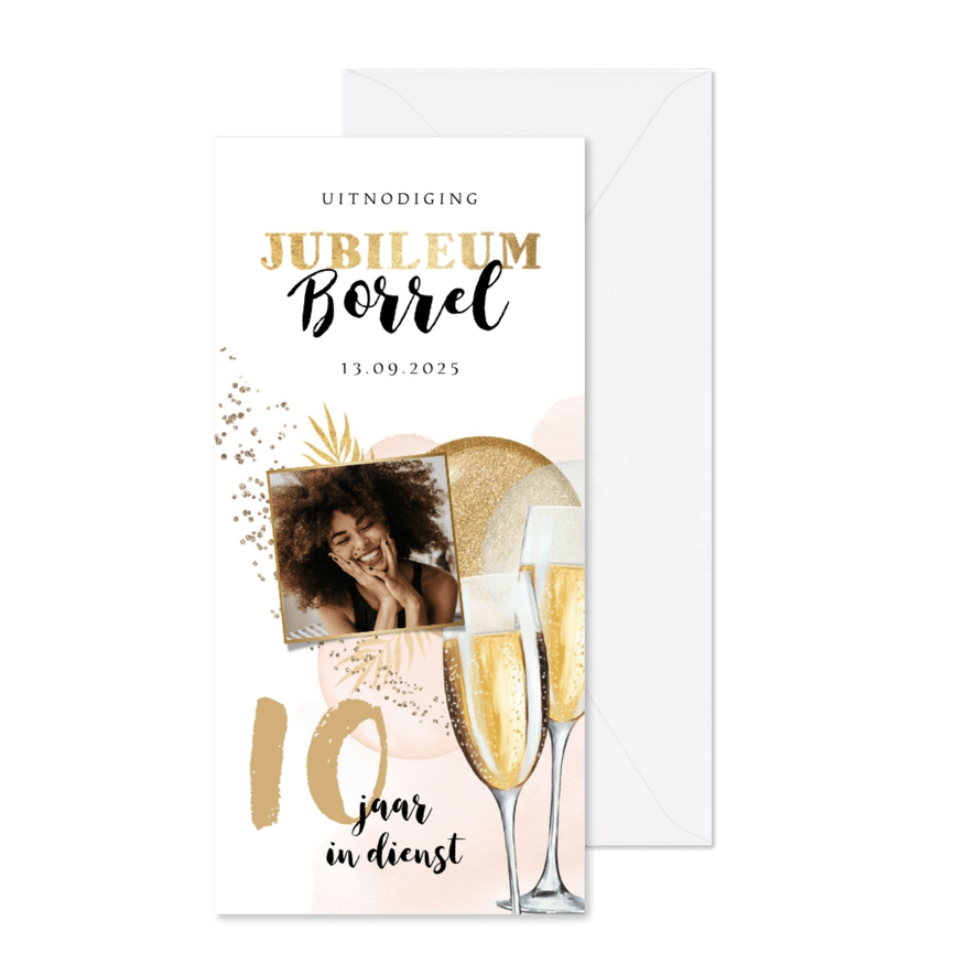 Uitnodiging jubileum 10 jaar ballonnen goud foto champagne - Kaartimpressie