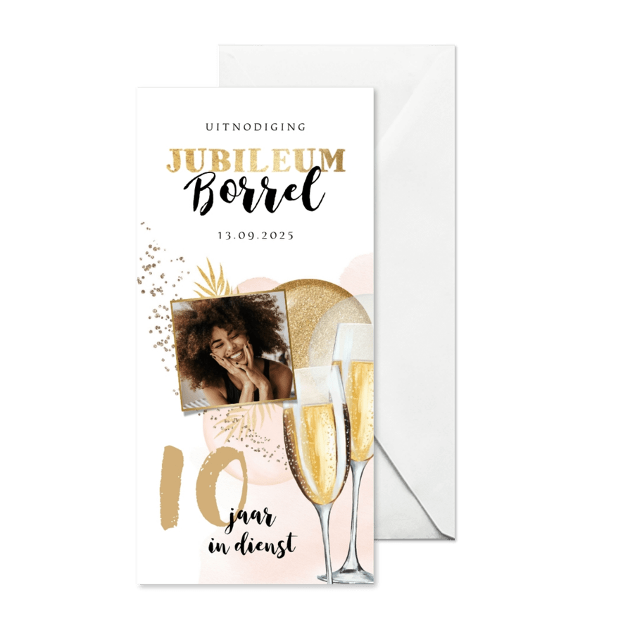 Uitnodiging jubileum 10 jaar ballonnen goud foto champagne - Kaartimpressie
