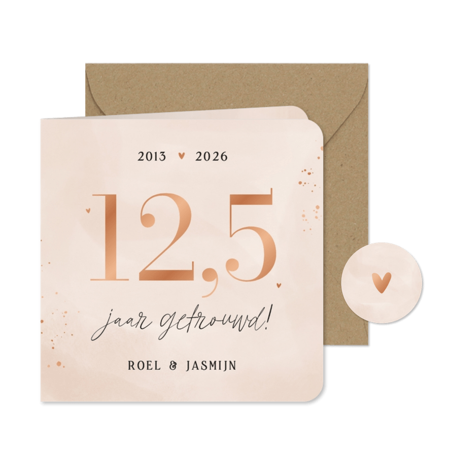 Uitnodiging jubileum 12,5 jaar getrouwd beige roze koper - Kaartimpressie