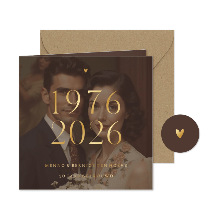 Uitnodiging jubileum 1976 2026 grote foto met goudfolie - Kaartimpressie
