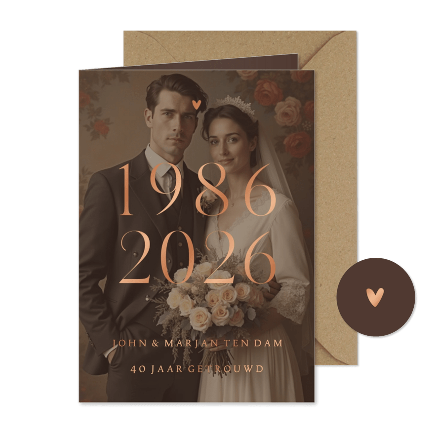 Uitnodiging jubileum 1986 2026 grote foto met koperfolie - Kaartimpressie