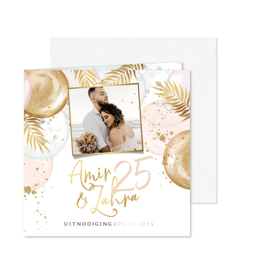 Uitnodiging jubileum 25 jaar ballonnen botanisch goudlook - Kaartimpressie