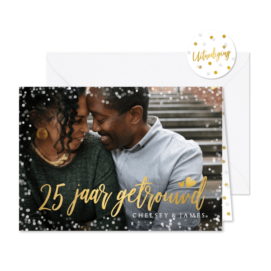 Uitnodiging jubileum 25 jaar getrouwd met goud en confetti - Kaartimpressie