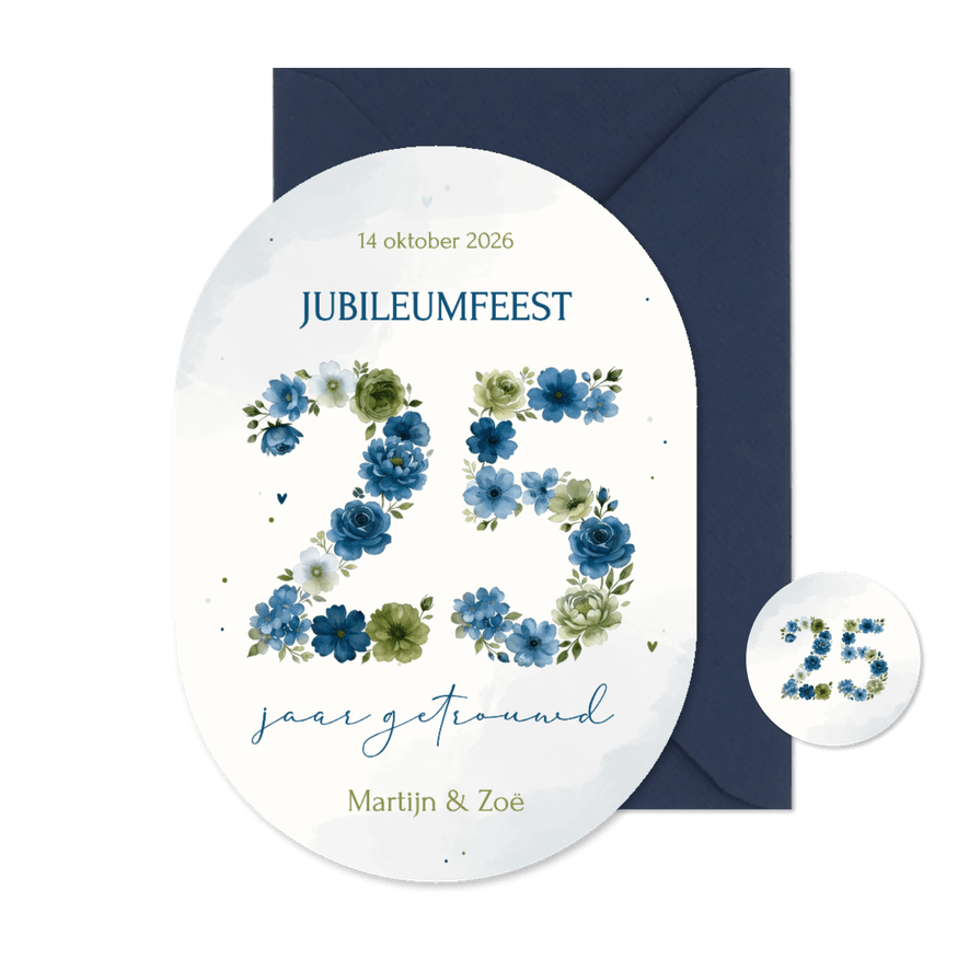 Uitnodiging jubileum 25 jaar in blauwe bloemen ovaal - Kaartimpressie
