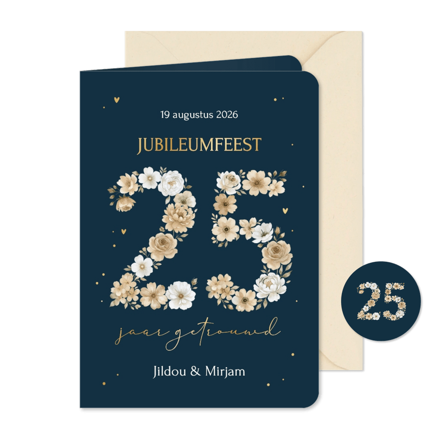 Uitnodiging jubileum 25 jaar in bloemetjes donkerblauw goud - Kaartimpressie
