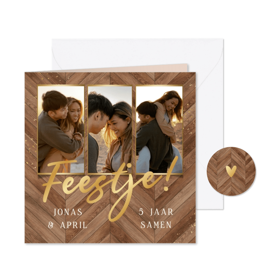 Uitnodiging jubileum 5 jaar samen houtlook fotocollage - Kaartimpressie