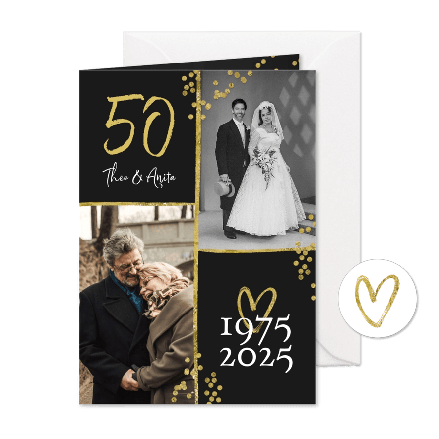 Uitnodiging jubileum 50 jaar getrouwd met twee trouwfoto's - Kaartimpressie