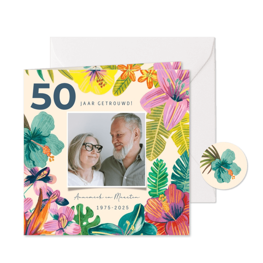 Uitnodiging Jubileum 50 jaar tropische Hawaii bloemen - Kaartimpressie