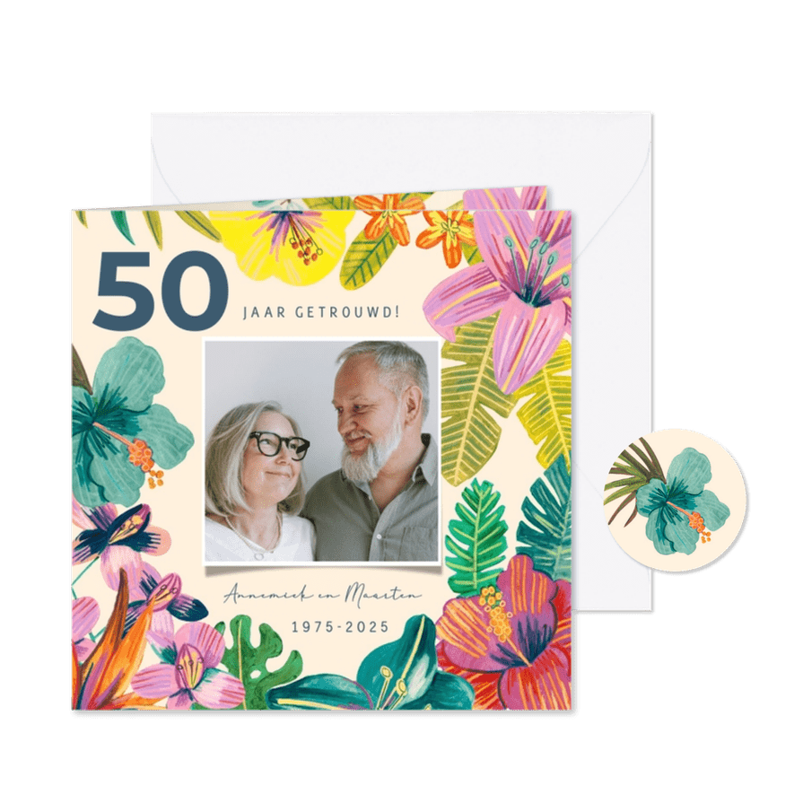 Uitnodiging Jubileum 50 jaar tropische Hawaii bloemen - Kaartimpressie