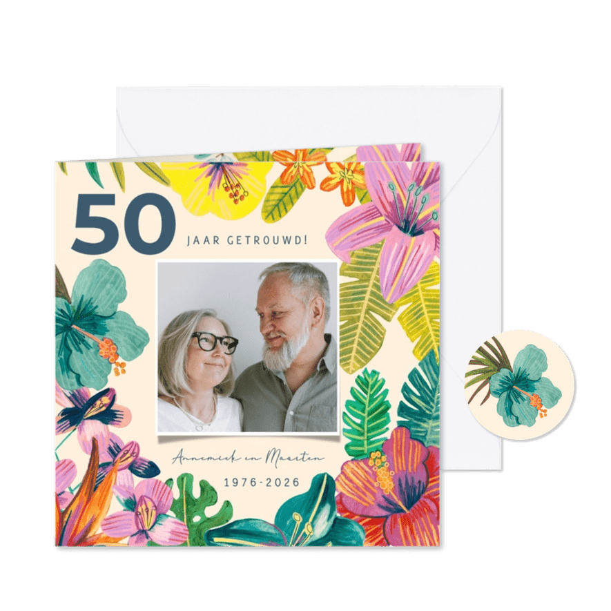 Uitnodiging Jubileum 50 jaar tropische Hawaii bloemen - Kaartimpressie