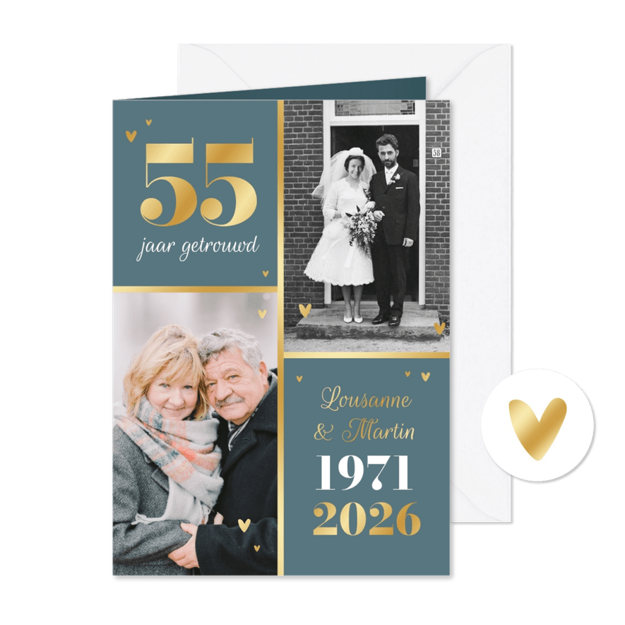 Uitnodiging jubileum 55 jaar getrouwd met twee trouwfoto's - Kaartimpressie