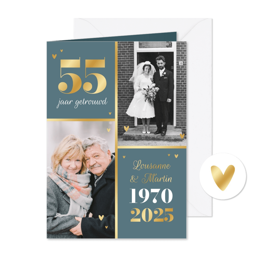 Uitnodiging jubileum 55 jaar getrouwd met twee trouwfoto's - Kaartimpressie
