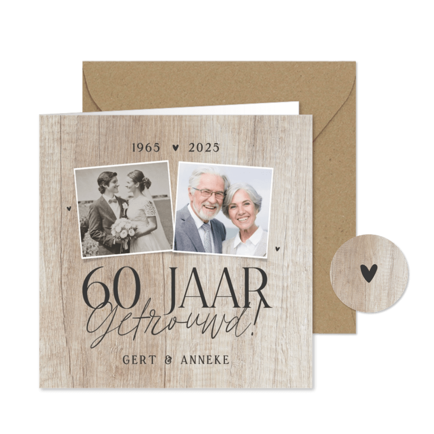 Uitnodiging jubileum 60 jaar getrouwd fotocollage licht hout - Kaartimpressie