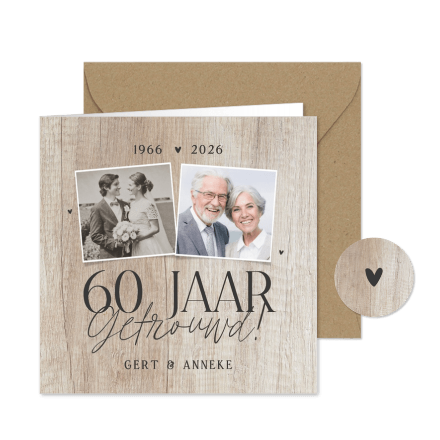 Uitnodiging jubileum 60 jaar getrouwd fotocollage licht hout - Kaartimpressie