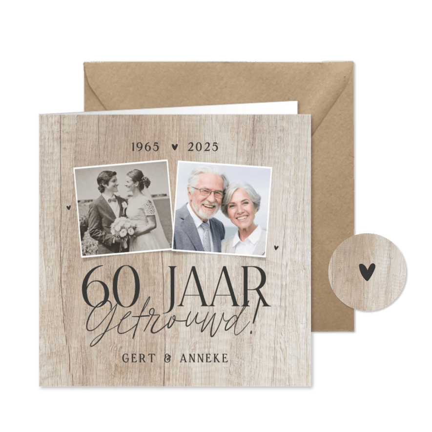 Uitnodiging jubileum 60 jaar getrouwd fotocollage licht hout - Kaartimpressie