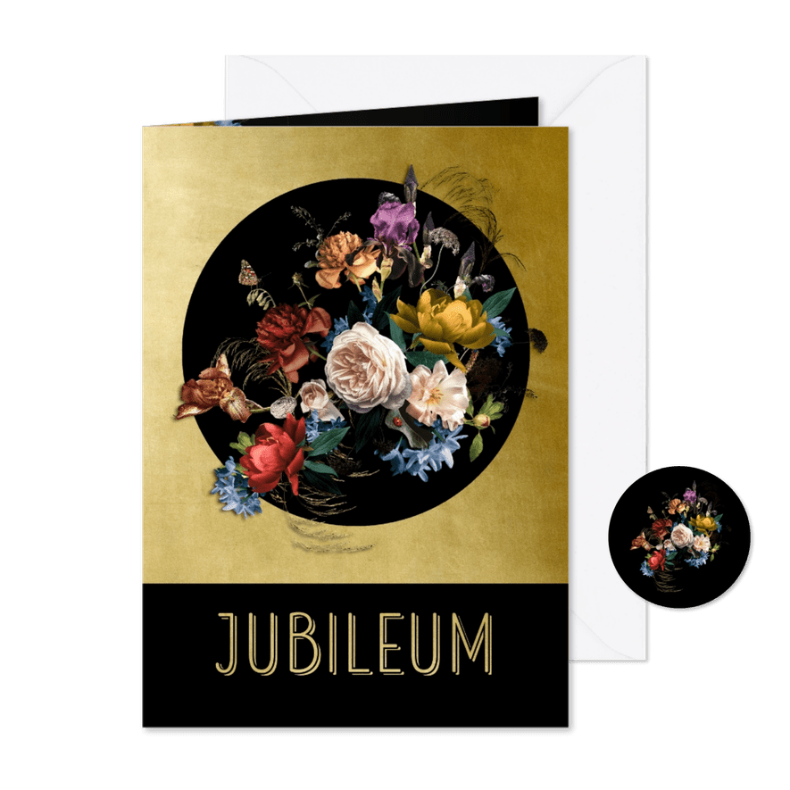 Uitnodiging Jubileum bloemen oude meesters met goud detail - Kaartimpressie