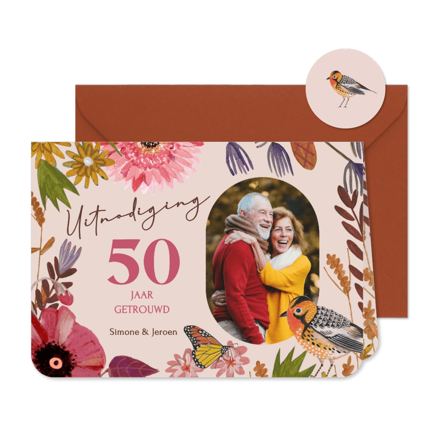 Uitnodiging jubileum bloemen, vogel en vlinder - Kaartimpressie